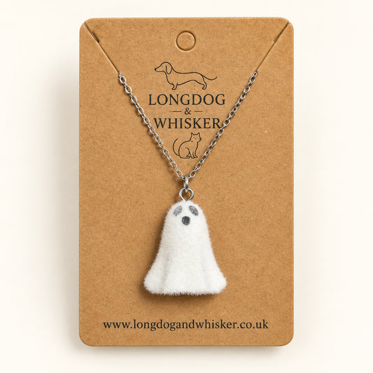 Happy Ghost Necklace on a Longdog & Whisker kraft product card