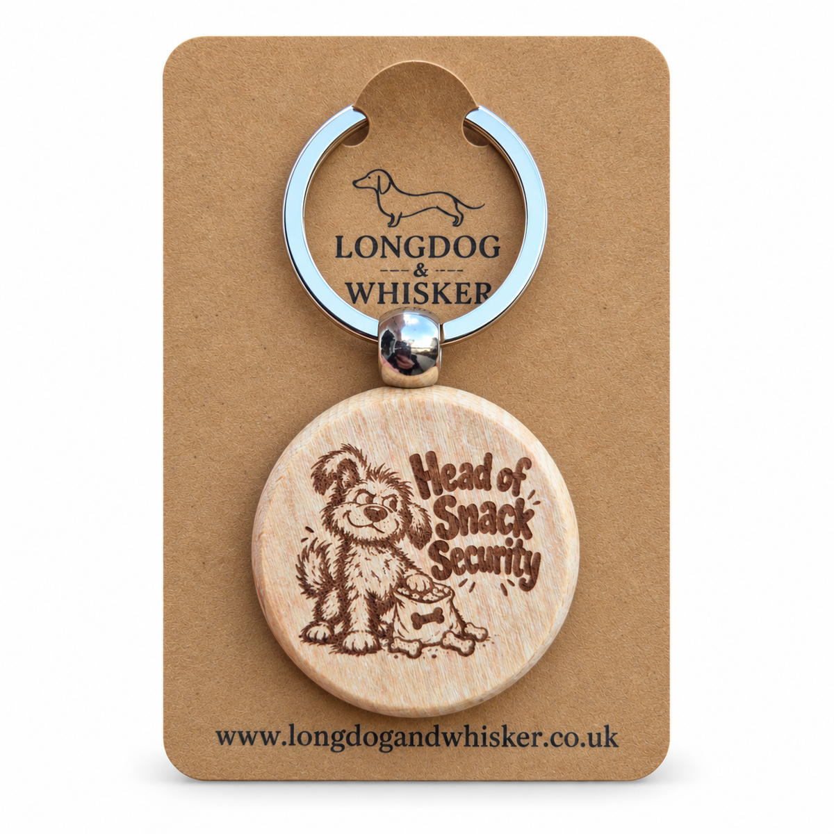 Head of Snack Security dog wooden keyring on Longdog & Whisker kraft card