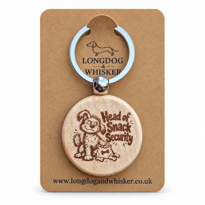 Head of Snack Security dog wooden keyring on Longdog & Whisker kraft card