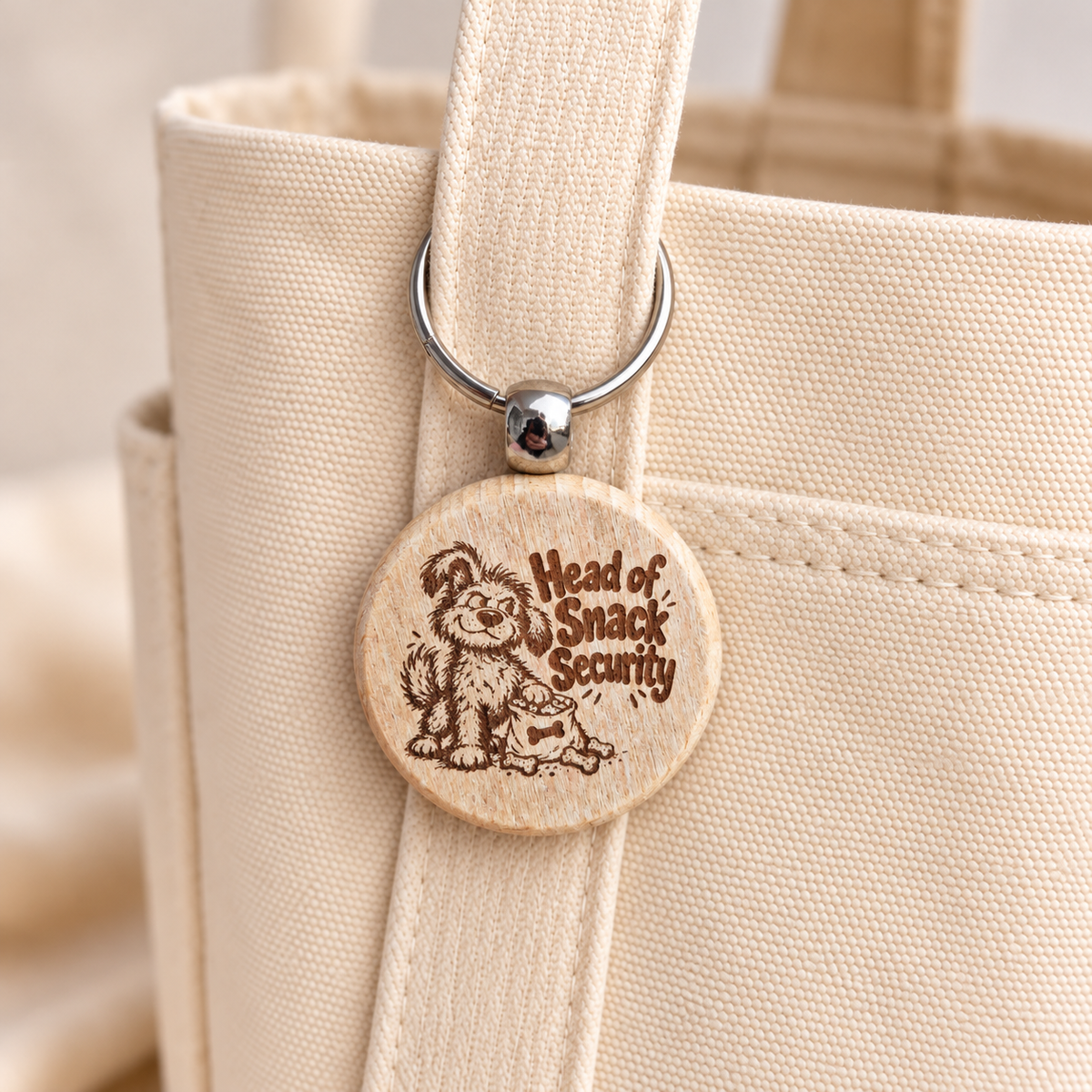 Head of Snack Security dog wooden keyring hanging from a cream canvas tote handle