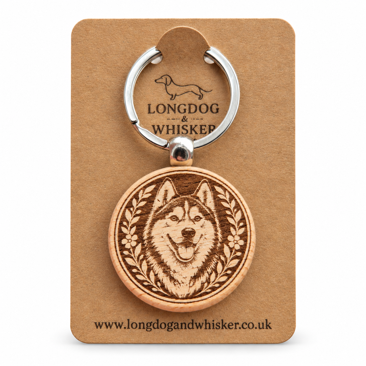Husky wooden keyring on a Longdog & Whisker product card
