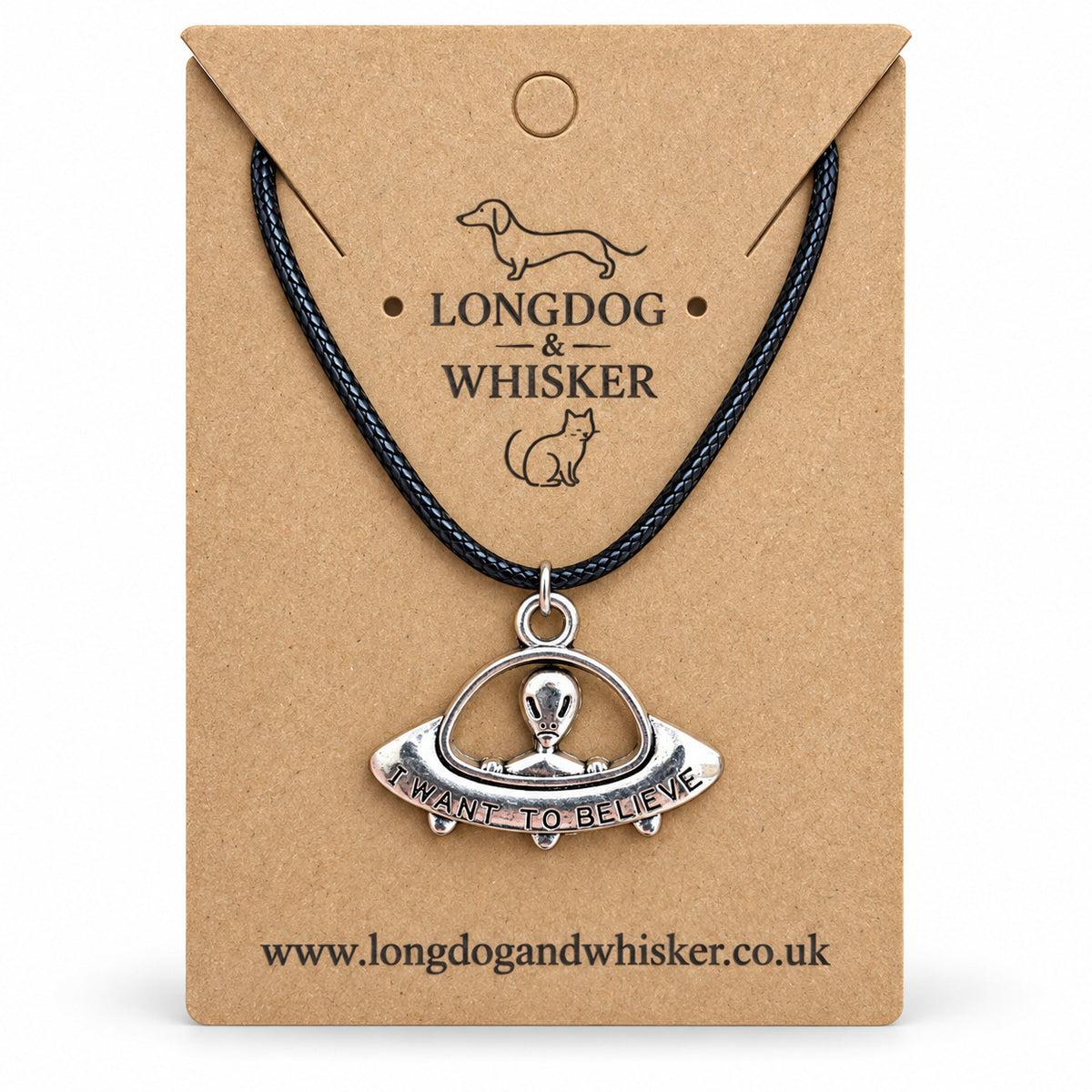 I Want to Believe UFO necklace on Longdog & Whisker kraft card