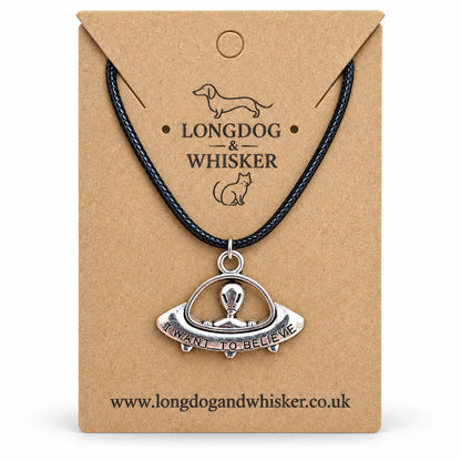 I Want to Believe UFO necklace on Longdog & Whisker kraft card