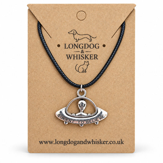 I Want to Believe UFO necklace on Longdog & Whisker kraft card