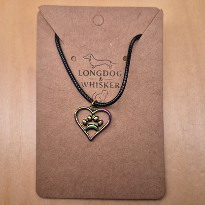 Iridescent Heart Dog Paw Print Necklace
