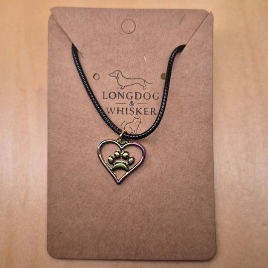 Iridescent Heart Dog Paw Print Necklace