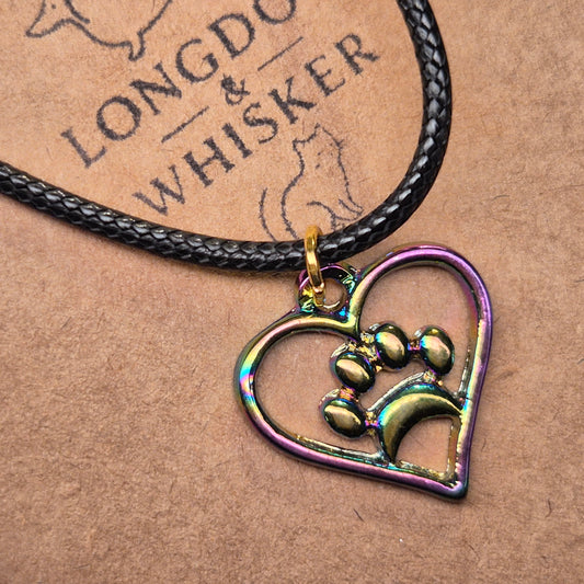 Iridescent Heart Dog Paw Print Necklace