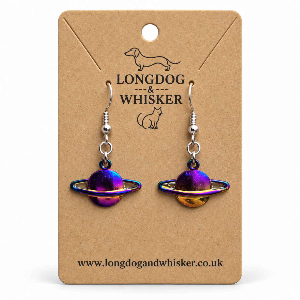 Iridescent rainbow Saturn planet drop earrings on a Longdog and Whisker card