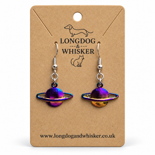 Iridescent rainbow Saturn planet drop earrings on a Longdog and Whisker card