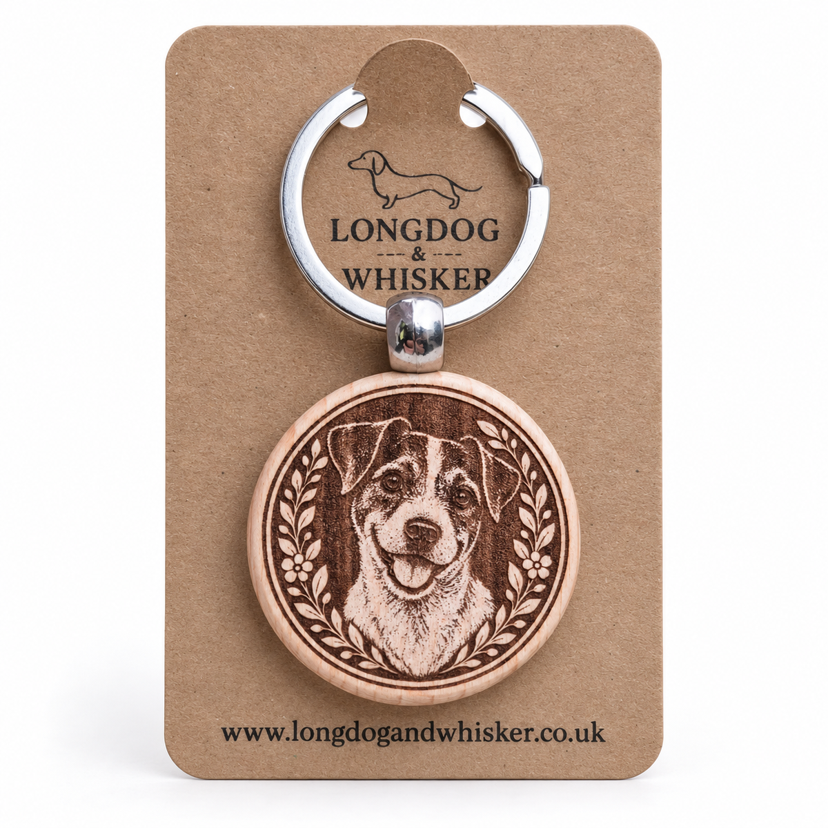 Jack Russell wooden keyring on branded card
