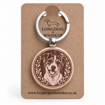 Jack Russell wooden keyring on branded card