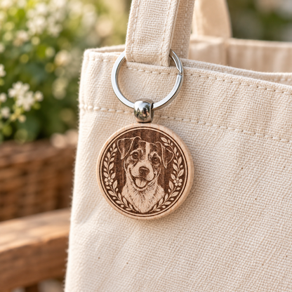 Jack Russell wooden keyring attached to a cream tote bag