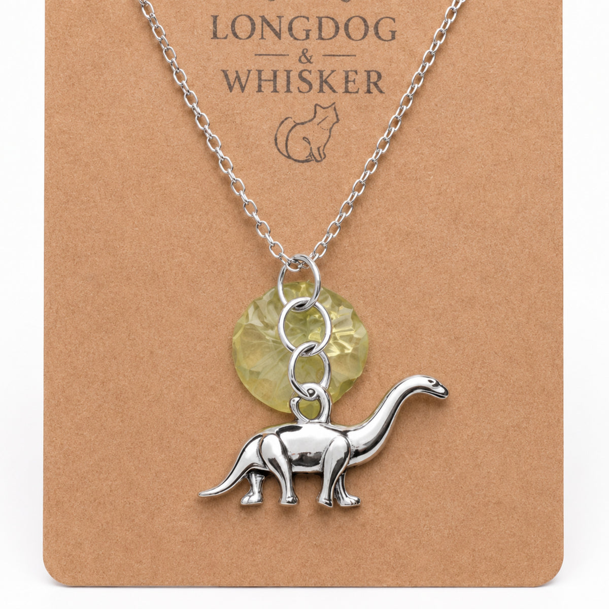 Close-up detail of Silver Brontosaurus Dinosaur Necklace