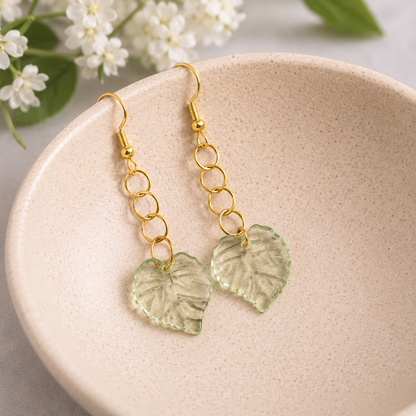 Leaf Earrings - Gold Hooks displayed in a lifestyle product photo