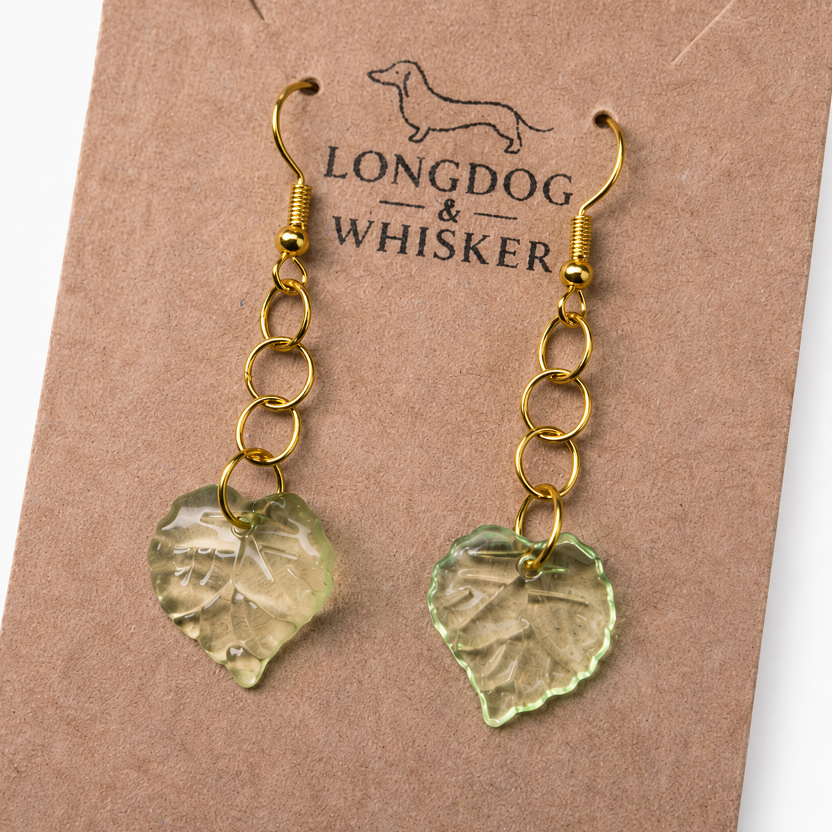 Close-up detail of Leaf Earrings - Gold Hooks
