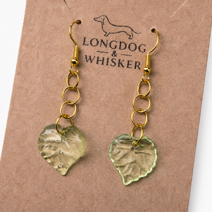 Close-up detail of Leaf Earrings - Gold Hooks