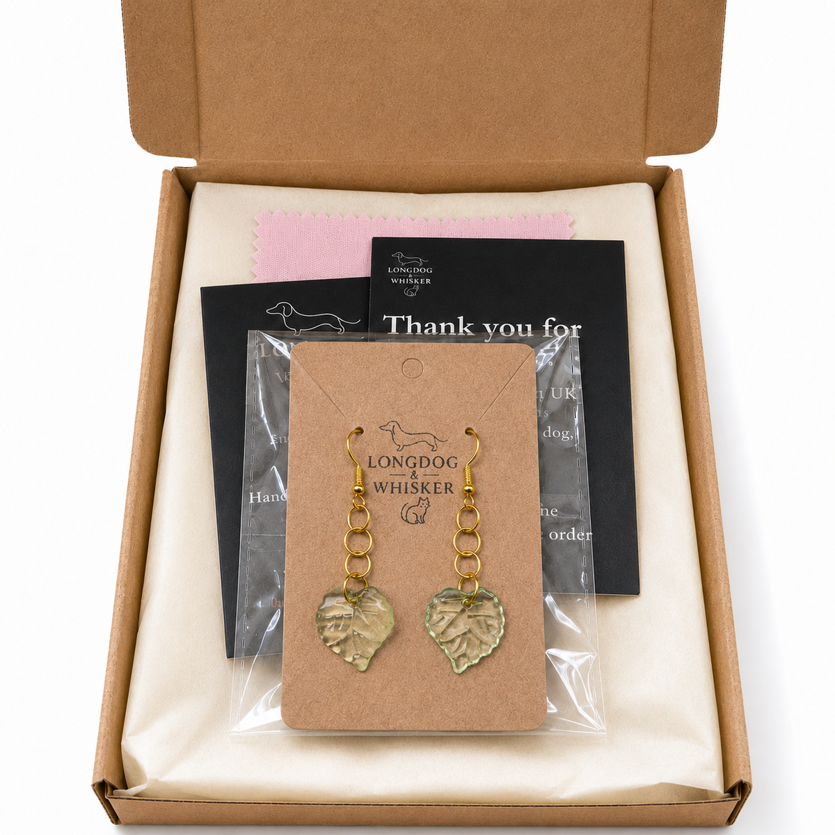 Leaf Earrings - Gold Hooks with Longdog & Whisker packaging