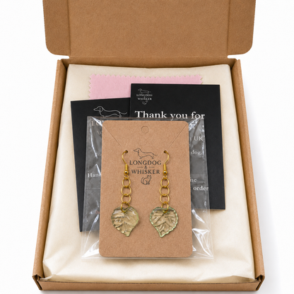 Leaf Earrings - Gold Hooks with Longdog & Whisker packaging