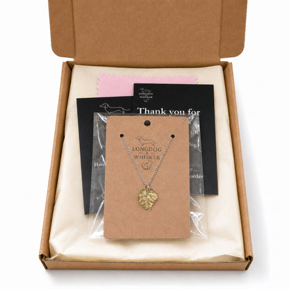 Silver Leaf Necklace with Longdog & Whisker packaging