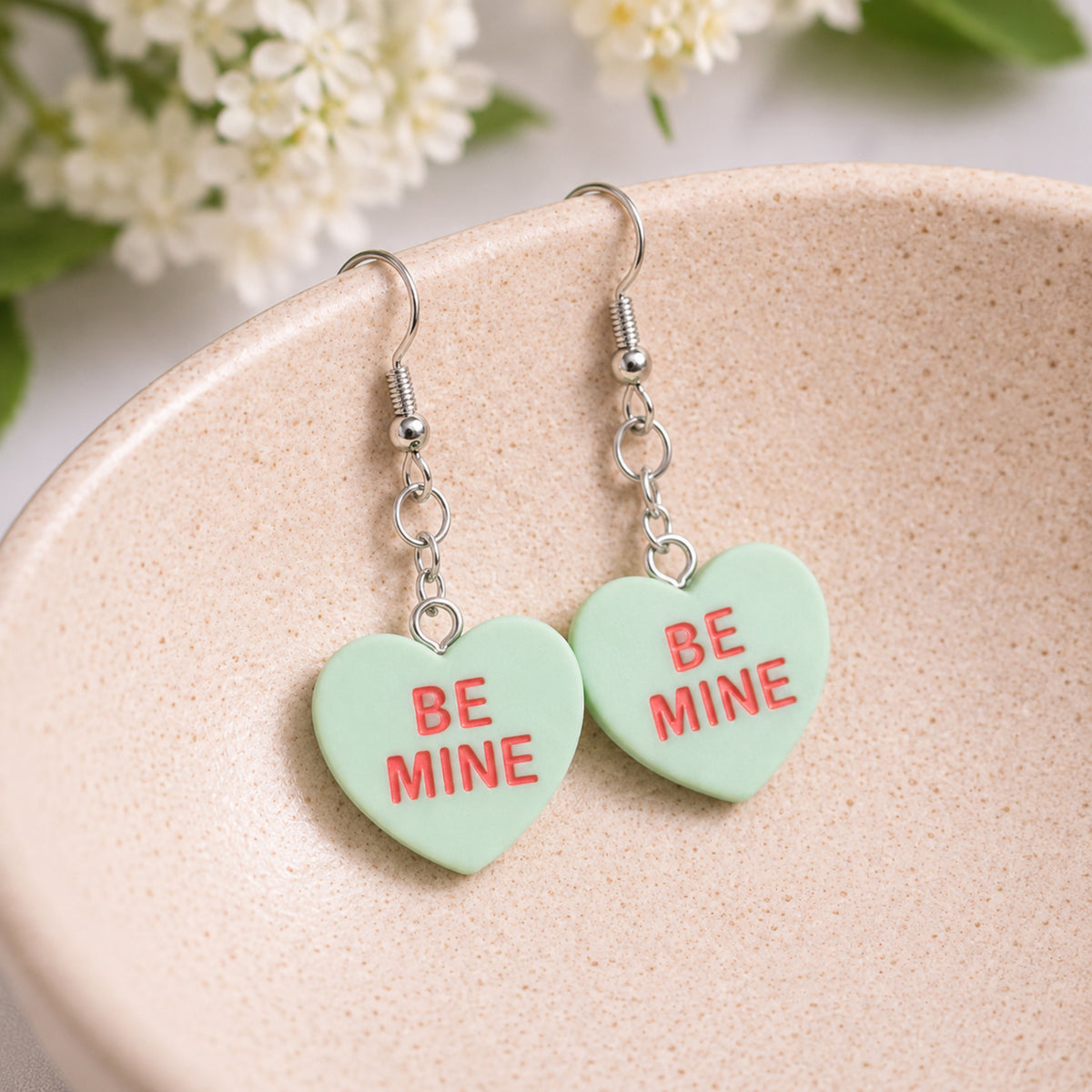Be Mine Heart Earrings - Light Green displayed in a lifestyle product photo