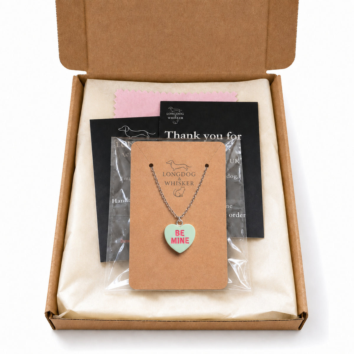 Be Mine Necklace - Light Green with Longdog & Whisker packaging