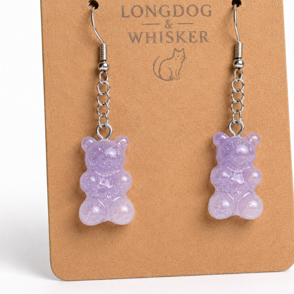 Close-up detail of Gummy Bear Earrings - Lilac Glitter