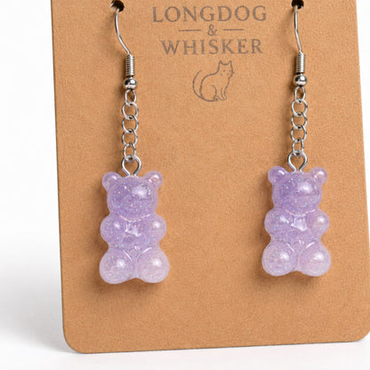 Close-up detail of Gummy Bear Earrings - Lilac Glitter