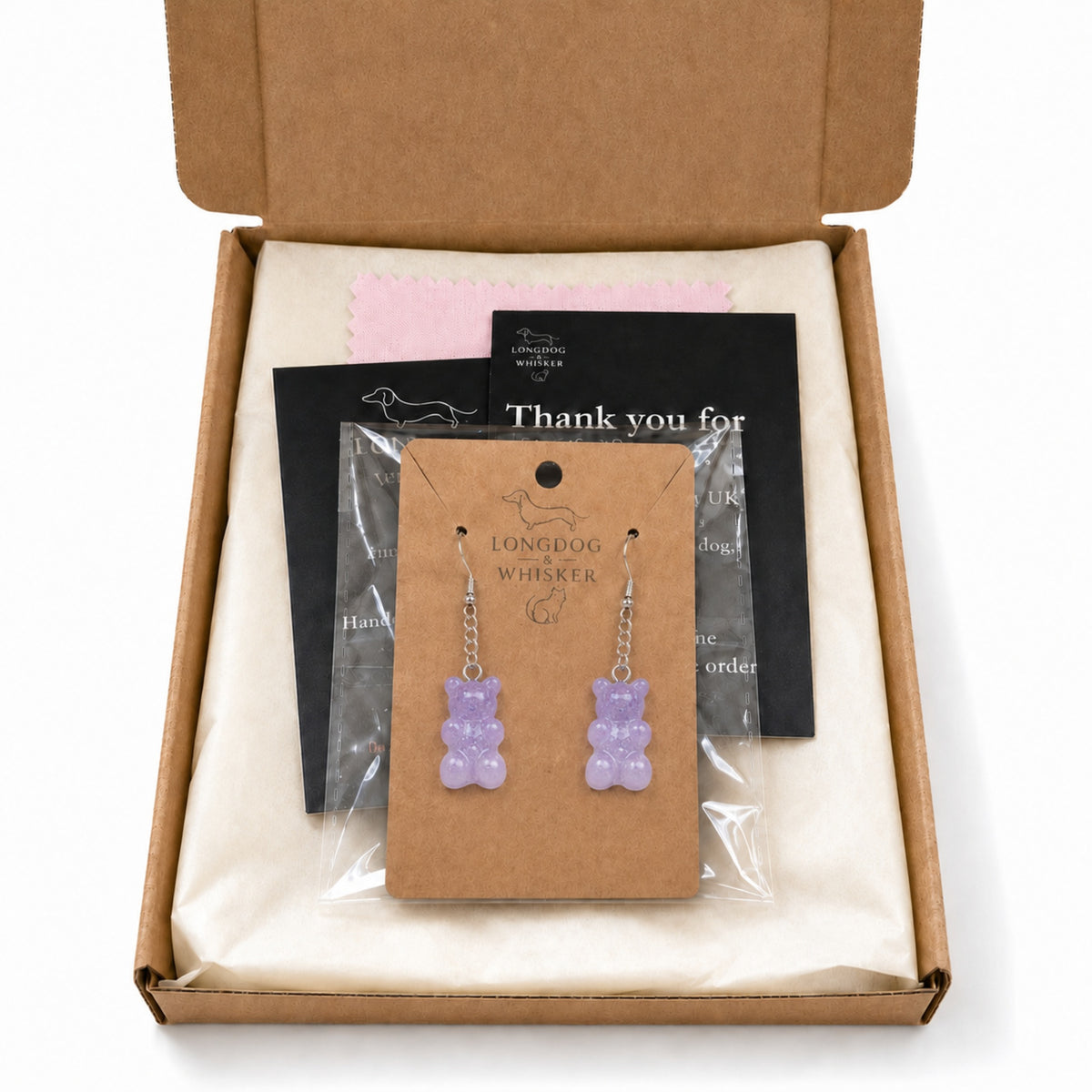 Gummy Bear Earrings - Lilac Glitter with Longdog & Whisker packaging