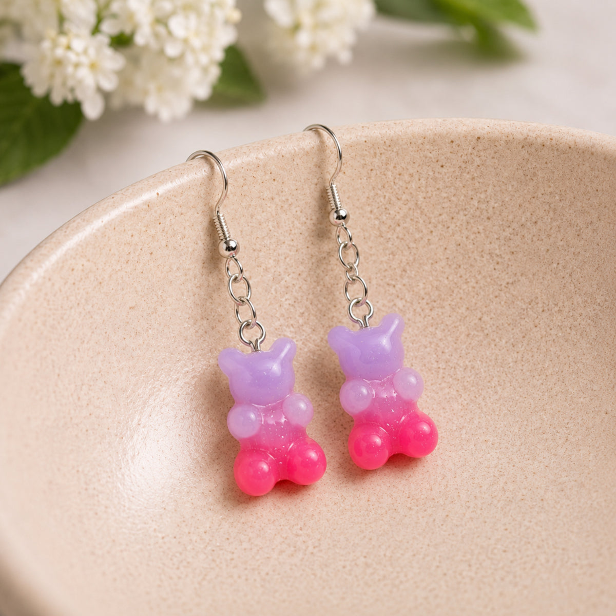 Gummy Bear Earrings - Lilac/Pink displayed in a lifestyle product photo
