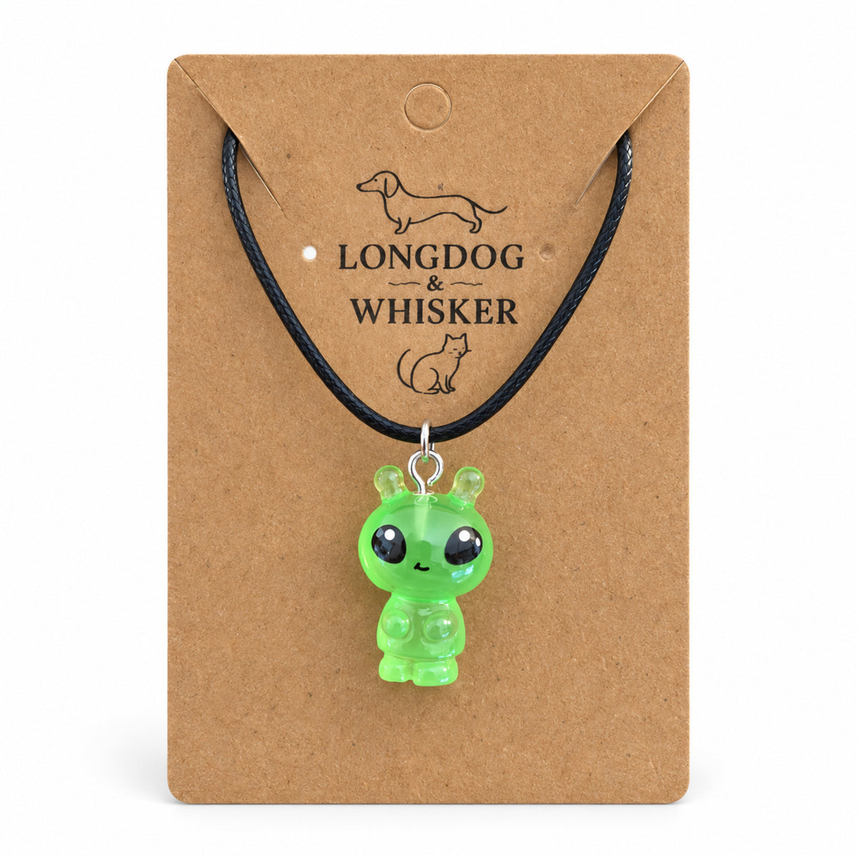Little Green Alien Black Cord Necklace on Longdog & Whisker kraft card