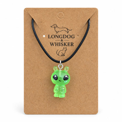 Little Green Alien Black Cord Necklace on Longdog & Whisker kraft card
