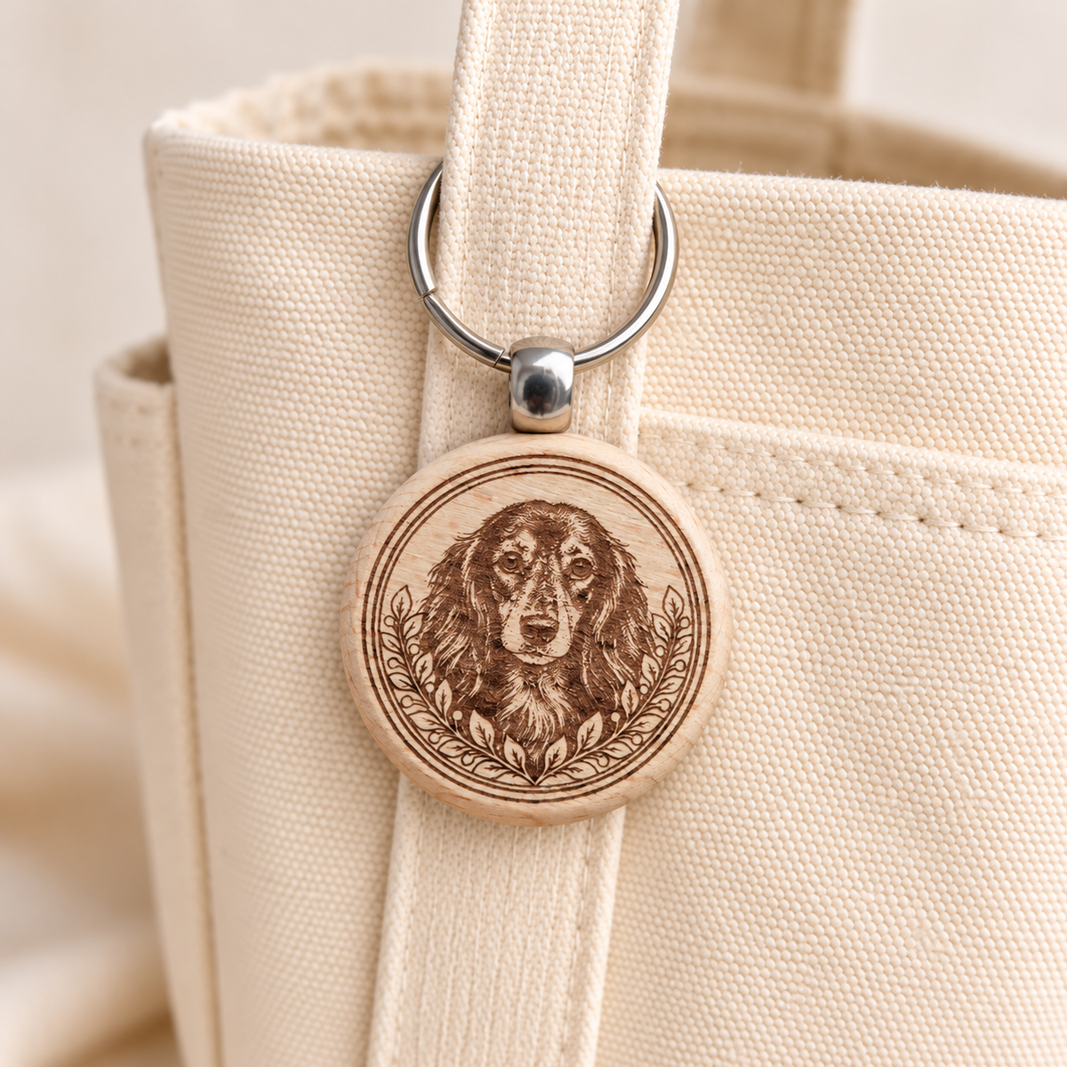 Long-haired Dachshund wooden keyring attached to a cream canvas tote handle