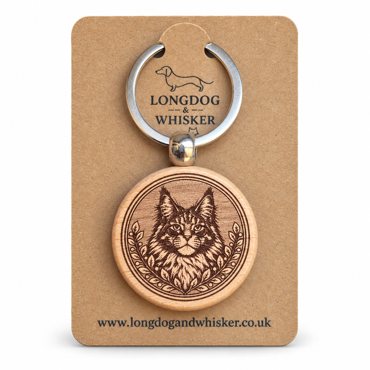 Maine Coon cat wooden keyring with leafy portrait frame on Longdog & Whisker card