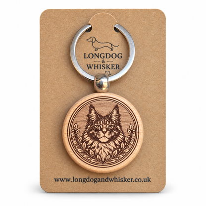 Maine Coon cat wooden keyring with leafy portrait frame on Longdog & Whisker card