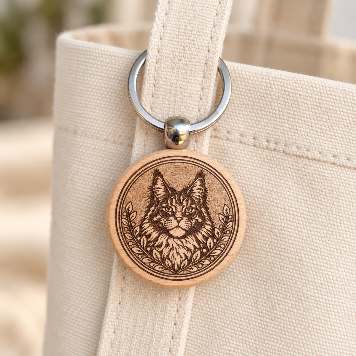 Maine Coon cat wooden keyring hanging from a cream canvas tote bag