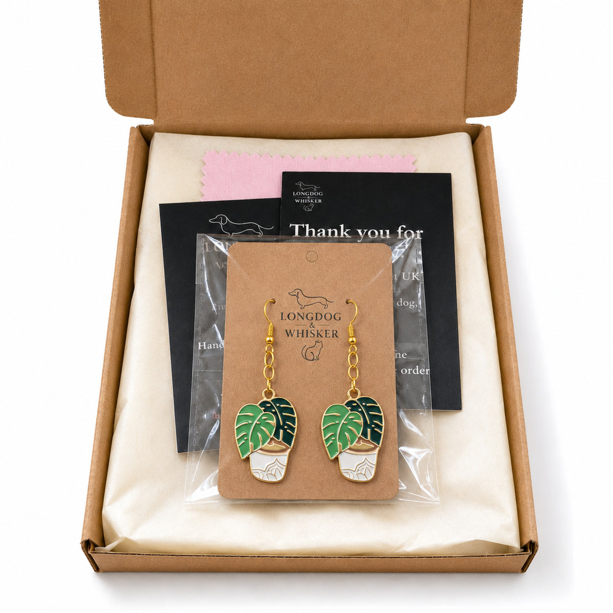 Monstera Earrings with Longdog & Whisker packaging
