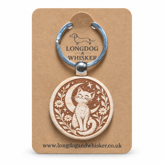 Moonlit Cat wooden keyring on branded card