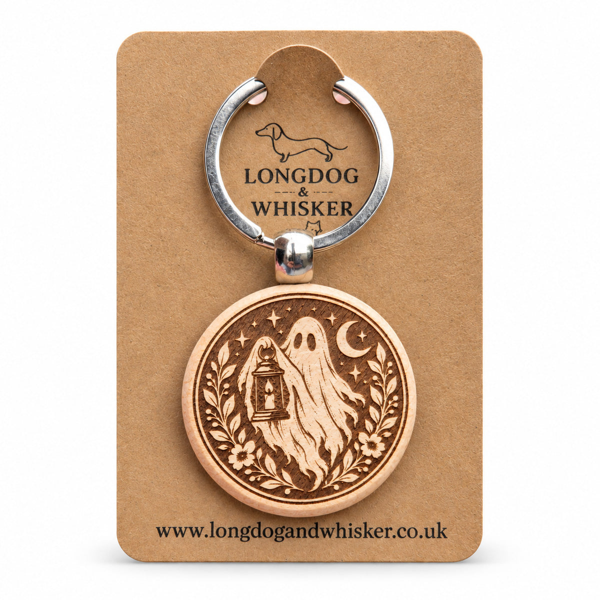 Moonlit lantern ghost engraved wooden keyring on Longdog and Whisker card