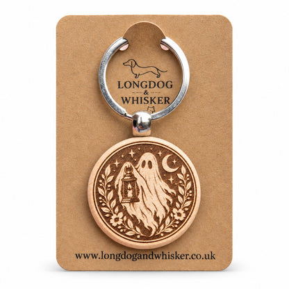 Moonlit lantern ghost engraved wooden keyring on Longdog and Whisker card