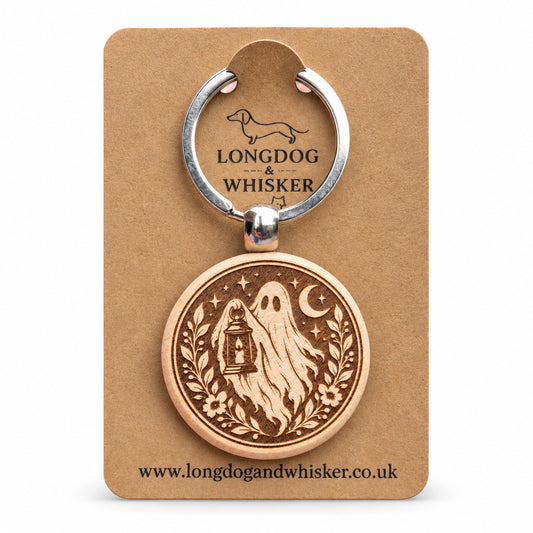 Moonlit lantern ghost engraved wooden keyring on Longdog and Whisker card