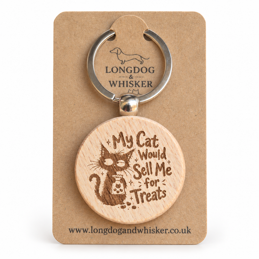 My Cat Would Sell Me for Treats wooden keyring on Longdog & Whisker card