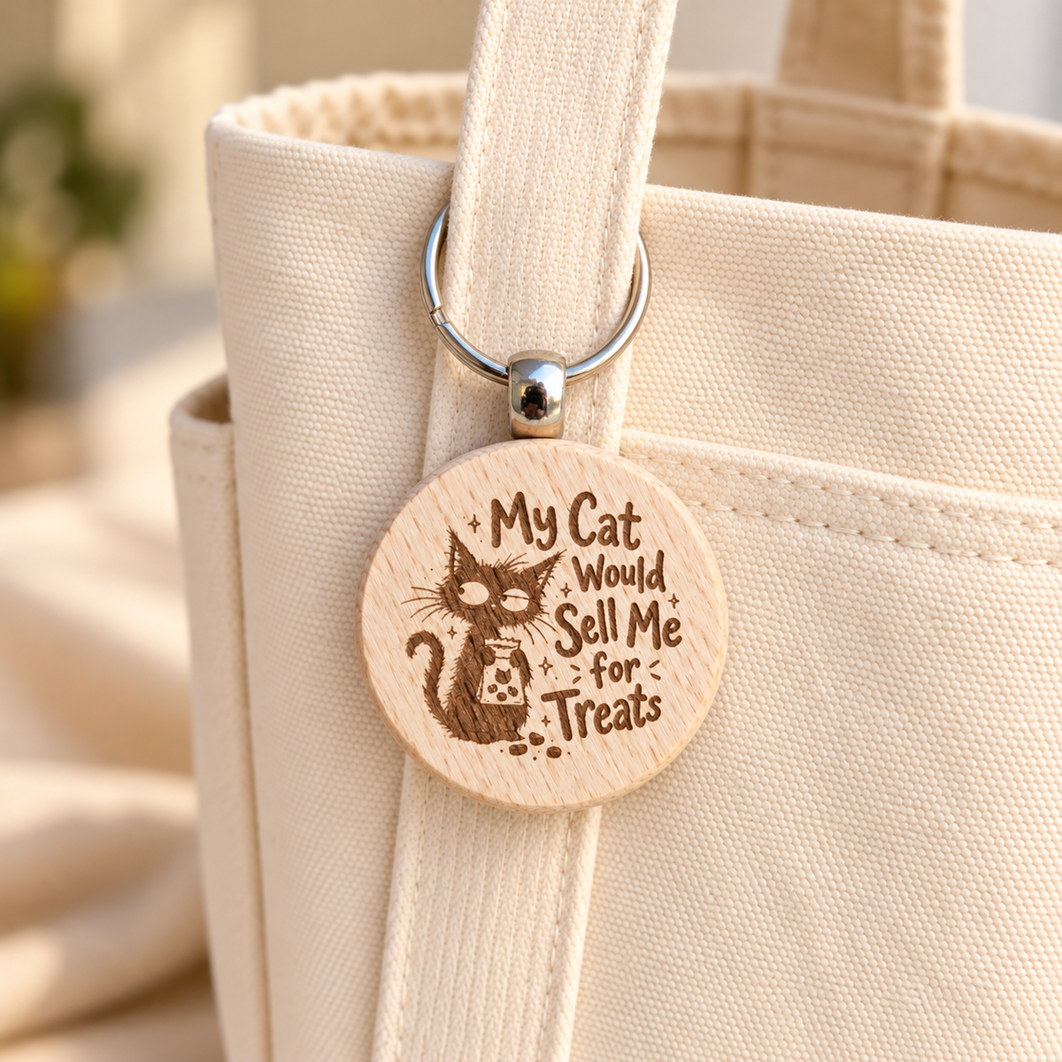 My Cat Would Sell Me for Treats wooden keyring hanging from a cream canvas tote bag