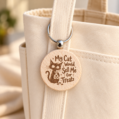 My Cat Would Sell Me for Treats wooden keyring hanging from a cream canvas tote bag