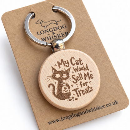 Close-up of My Cat Would Sell Me for Treats engraving and rounded wooden keyring edge