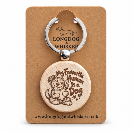 My Favourite Human Is a Dog wooden keyring on Longdog & Whisker kraft card