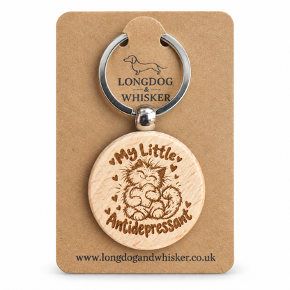 My Little Antidepressant cat wooden keyring on a Longdog & Whisker card
