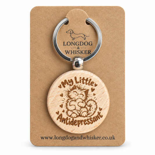 My Little Antidepressant cat wooden keyring on a Longdog & Whisker card
