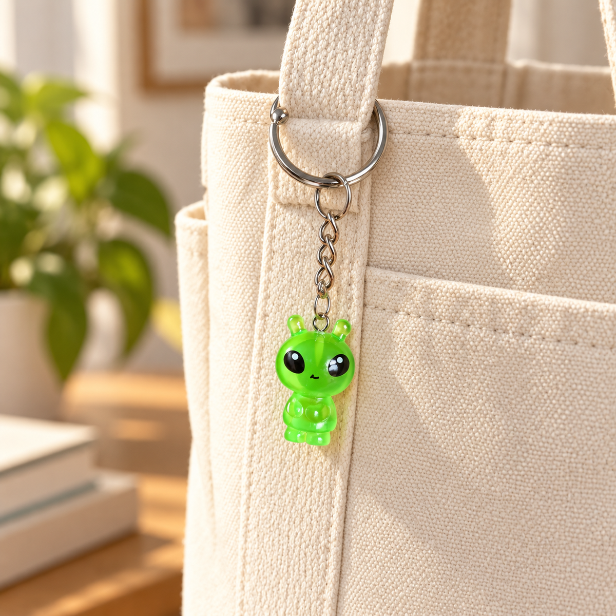Neon Green Alien Keyring and Bag Charm attached to a canvas bag