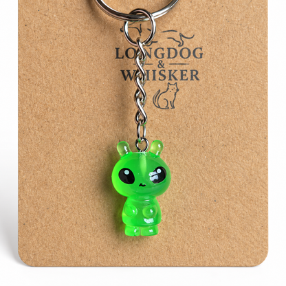 Close-up of Neon Green Alien Keyring and Bag Charm details