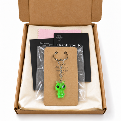Neon Green Alien Keyring and Bag Charm in Longdog & Whisker gift packaging